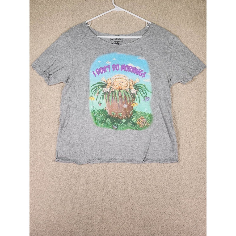 Gary Patterson Shirt Womens‎ Medium M Cat I Dont Do Mornings Cut Sleeves Raw Hem